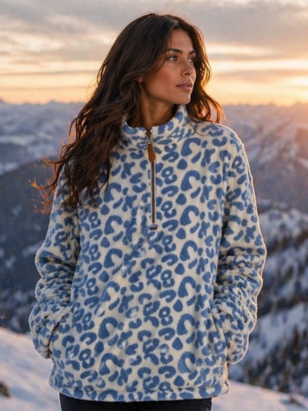 Heathmoor Leopard Print Pullover Coastal Fluffy Cozy Fuzzy Fleece Y2K Boho Cute